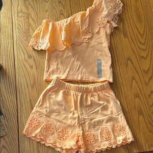 ZARA Peach Eyelet Ruffle Top and Shorts Set